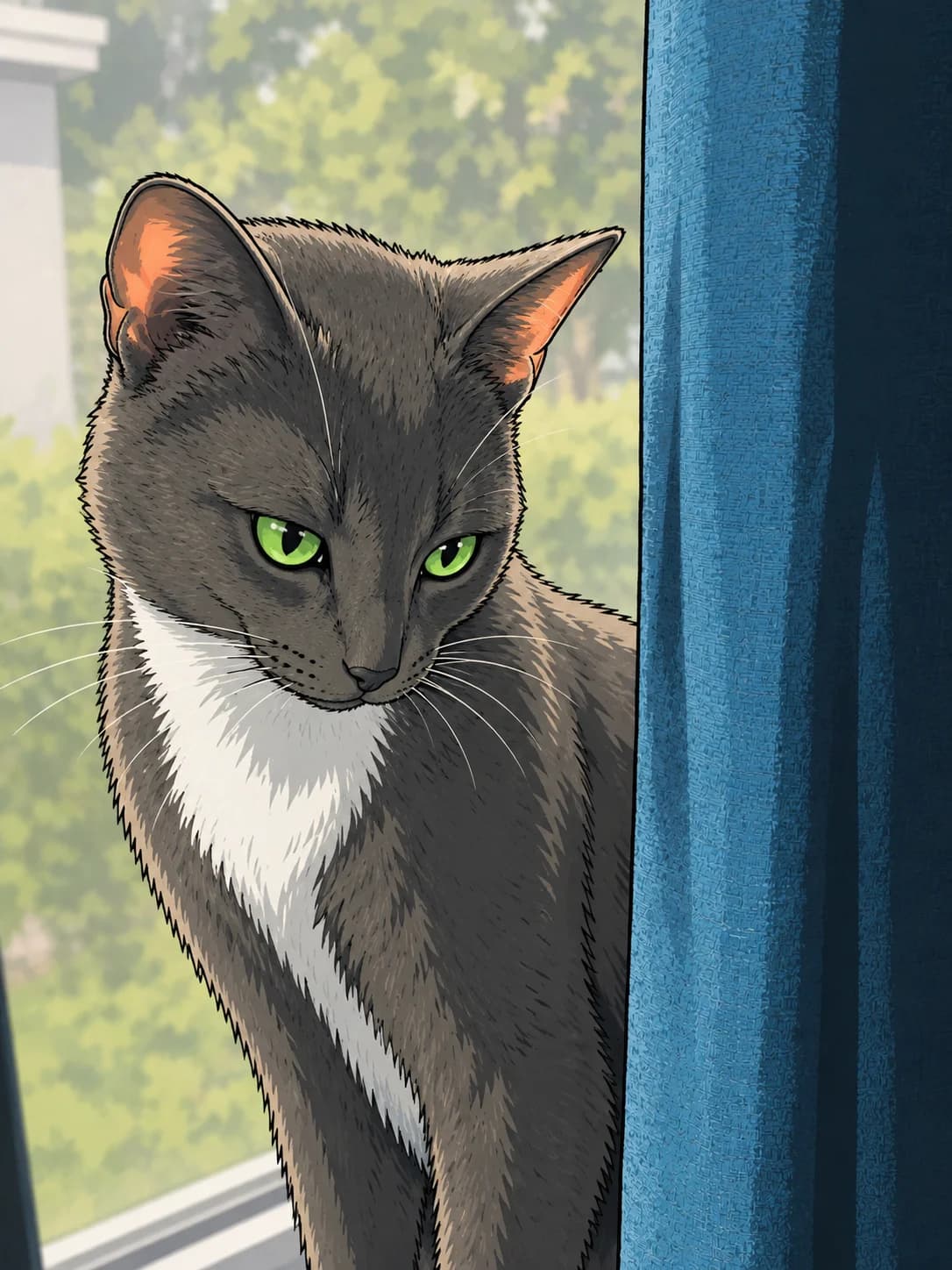 Arthur as drawn for the series, up on the window sill beside the blue curtain with the daylight coming through his ears — the same pose, crop and light as the photograph beside it