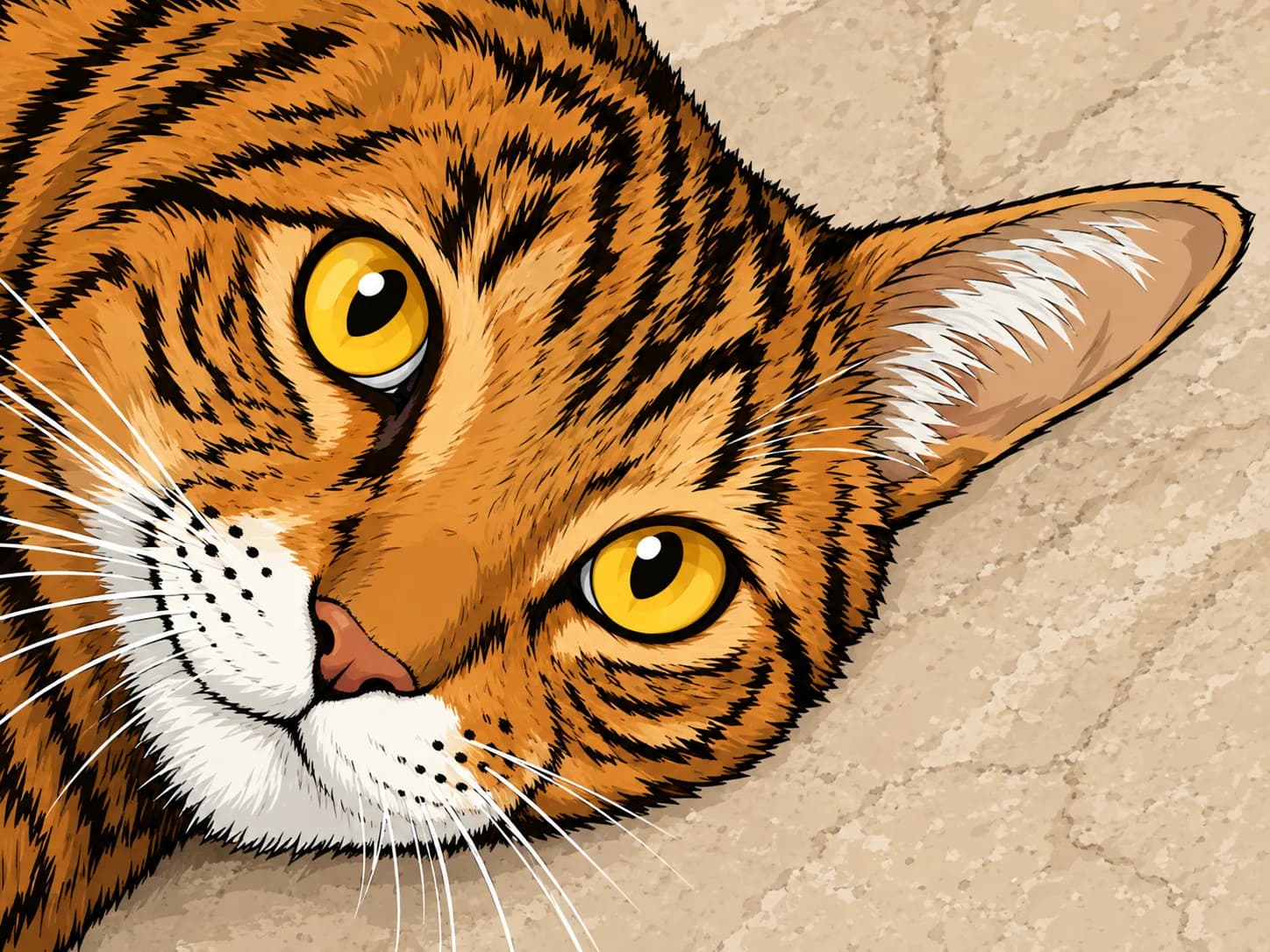 Maurice as drawn for the series, lying on his side on the cool floor with both eyes on the camera — the same crop and light as the photograph beside it