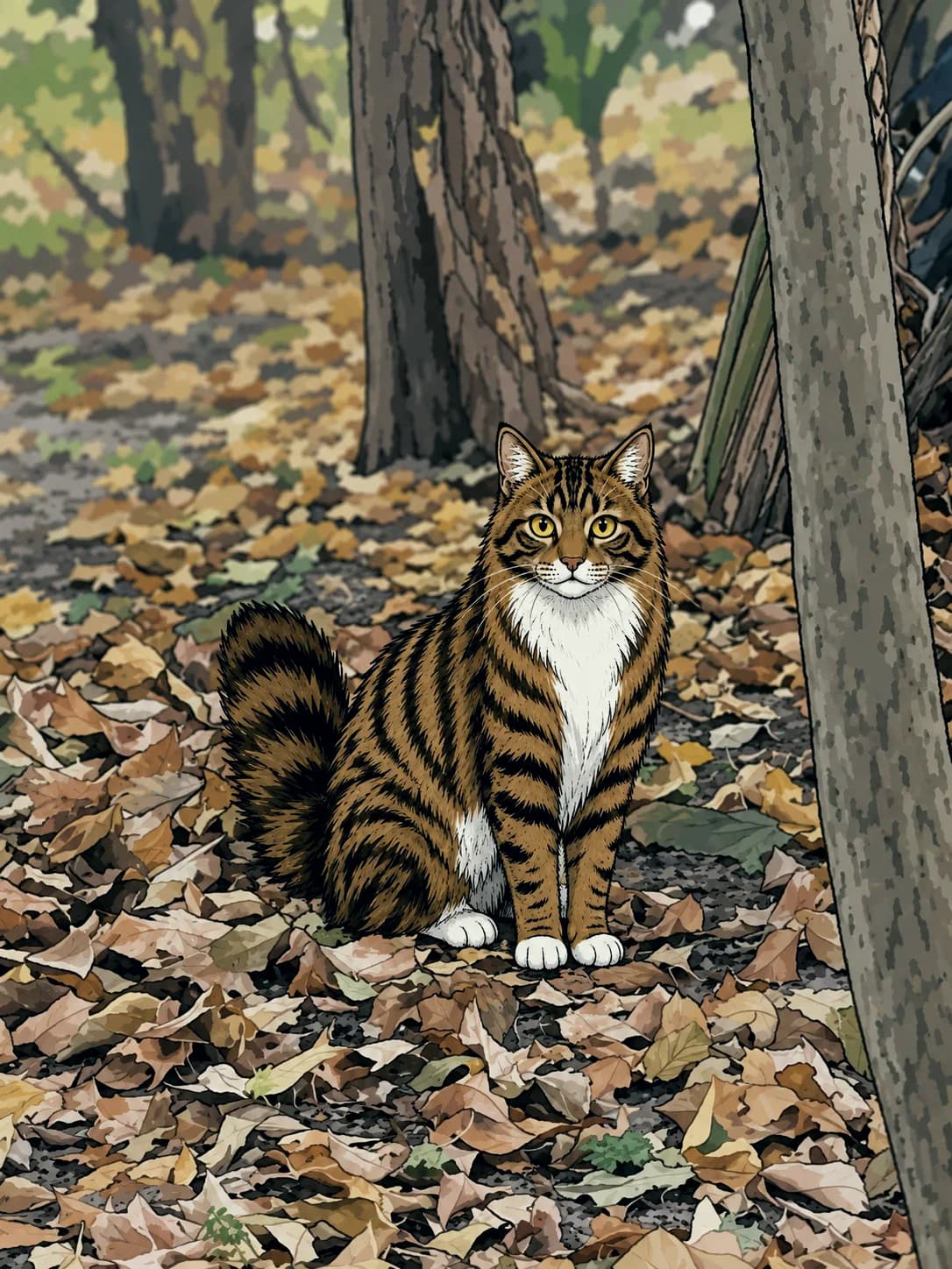 Maximus as drawn for the series, sitting in the fallen leaves in the yard — the same pose, crop and light as the photograph beside it